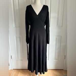 NWT ZARA Long Black Dress, Pleated at Waist, V Collar, Size Small